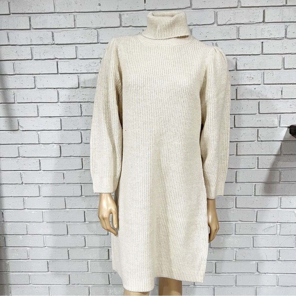 J.Crew Puff Sleeve Ivory Turtleneck Sweater Dress Cozy Old Money NWT L